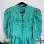 Vtg Teal Prairie Pioneer Lace Up Midi Dress Puff Sleeve Country Rodeo Stagecoach Green Size 16 Photo 1