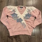 VTG Dana Scott Sweater Silver Beads Metallic Thread Pink Blue Fuzzy V Photo 7