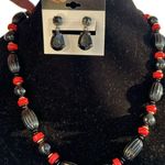 Nine West  Black and Red Beaded Necklace 22” and Earring teardrop Set Photo 0