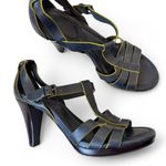 Boden Blue Leather Strappy Heels Women’s 7.5 Peep Toe Lime Green Trim Fall Photo 0