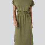 Halara NEW- Boat Neck Short Sleeve Backless Crisscross Curved Hem Midi Dress Photo 3