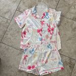 Bow Print Satin Pajama Set Pink Size L Photo 0