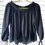 Wrangler Women’s Small Retro Black Frayed Lace Long Tie Sleeve Western Blouse Photo 0