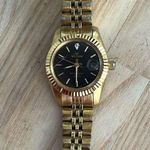 Waltham Ladies Watch Vintage Gold Tone Bracelet Black Dial Diamond Date Window Photo 2