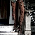 Black‎ Jacquard Fishnet High Waist Footed Tights With Star Pattern One Size Black Photo 12