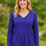 Chico's NEW Studded V-Neck Long Sleeve Blouse Purple Career Old Money M Photo 0