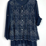 Belle France Blue Long Sleeve Silk Blouse Silver Embroidered Tunic Top Small Photo 0