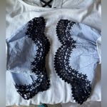 Crown & Ivy Preppy Fisherman White & Navy Eyelet Lace Trim Cotton Women's Top Photo 6