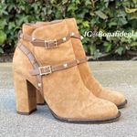 Valentino Garavani Valentino Rockstud 100mm double strap tan suede ankle boots size IT 37.5 US 7.5 Photo 13