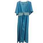 Vintage Blue Double Tie Waist Nightgown Dressing Gown Robe Maxi Length Womens L Size L Photo 5