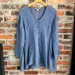 Flax Blue Linen Button Front Long Sleeve Tunic Top Photo 1