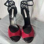 Diane Von Furstenberg  DVF Black Red Suede Cutout Heels Sandals Size 7B Italy Photo 2