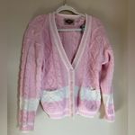 Vintage Cable Knit Cardigan Sweater Sz Medium Oversized Pink‎ White Stripe Pink Photo 3