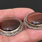 Unique Vintage  STERLING Signed Red Tiger Eye Large Cabochon Clip-On Earrings 15g Photo 6