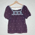 Madewell Embroidered Brown Crinkle Cotton Bubble-Sleeve Square Neck Top Small Photo 1