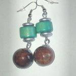 Silver Tone & Wooden Teal Beads Brown Glass Boho Ball Drop Pierced Earrings Photo 4