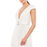 Mac Duggal Ieena for  Pleated Cap Sleeve Belted A-Line Midi Dress in White Formal Photo 1