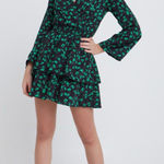 ASOS Subdued Emerald Leaf Floral Print Ruffle Tiered Flare Sleeve Dress Photo 0