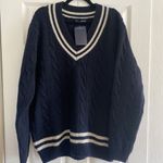 Brandy Melville Navy Wool Blend V Neck Sweater Fisherman cable Knit OS NEW Photo 0