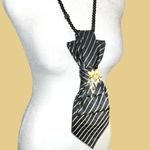 “Dainty Dapper” black Striped Tie Necklace with gold floral brooch Photo 4