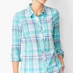 Talbots  Classic Cotton Shirt Sea Plaid Large Blue Button Up Lightweight Coastal Photo 0
