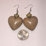 Heart Shaped Puffy 3D Tan Earrings with Gold Tone Accents Silver Tone Hooks Photo 2