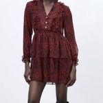 ZARA NEW Long Sleeve Animal Print Burgandy Ruffle Dress Size Medium Elastic Band Photo 0