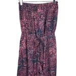 Elan Satin Paisley Strapless Cropped Wide Leg Jumpsuit in Navy/Pink Photo 2