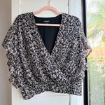 EXPRESS Flutter Surplice Wrap Top in Abstract Feather Print Black White Tan Photo 2