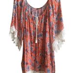 Staccato Short Sleeveve Orange/Blue Paisley Split Neck Tunic Top. Size Medium Photo 0