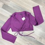 ZARA  Houndstooth Cropped Polo Top Purple Black Small Long Sleeve‎ Deep V-neck Photo 14