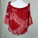 Tularosa Alexa Off The Shoulder Top Cherry Red Bandana Print Pom Poms Sz Medium Photo 4