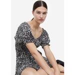 H&M NWT Dress Medium Black White Floral Print Puff Sleeve Off Shoulder Smocked Photo 1