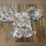Moon River  Anthropologie Floral Peplum Ballon Short Sleeve Blouse Small Forest Photo 4