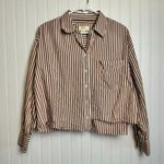 Anthropologie Maeve Brown Stripe Uneven Hem Cropped Button Down Photo 0