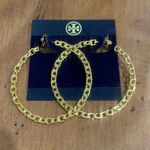 Tory Burch  TB Dangle Hoop Earrings Gold Colored Brand New Photo 0