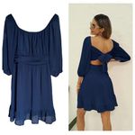 Dokotoo Round Neck Tie Back with Puffy Sheer Sleeve Ruffle Dress Blue Size M Photo 1