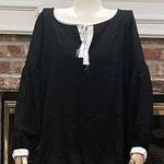 Badgley Mischka Studio black boho top with white trim and a tassel tie/ 1X / EUC Photo 4