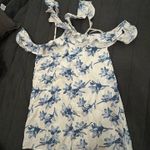 J.O.A. White Blue Floral Ruffle Cotton Cross Cold Shoulder Mini Dress Photo 0