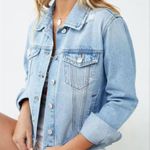 Forever 21  MEDIUM Slight Distress Light Wash Four Pocket Button Up Jean Jacket Photo 6