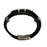 Black Leather Silver Tone Bracelet Feather Cactus Magnetic Clasp 7" Photo 2