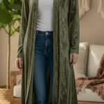 Pyramid Collection. Crushed velvet open front long duster. Olive Green. Large Green Photo 0