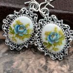 Blue Rose Cameo Earrings Stainless Steel Filigree Vintage Romantic Dangle Photo 5