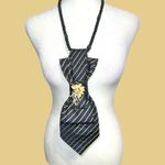 “Dainty Dapper” black Striped Tie Necklace with gold floral brooch Photo 2
