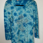 Reba Vintage  Tie Dye Long Sleeve Shirt Rhinestone Cross‎ Blue White Size S Photo 0