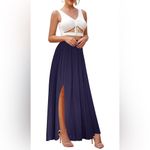 NEW Navy Blue 100% Cotton High Waist Split A Line Full Length Maxi Skirt XL Photo 3