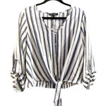 Kaii Los Angeles Tie Front , Roll Tab Sleeve, Blue Striped Blouse Size L Photo 0