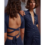 Suboo / Revolve Asha Metallic Lurex Ruched Midi Shirt Dress in Navy Photo 3