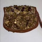 GOLD SEQUIN BEADED WRISTLET WITH BROWN LEATHER NO BRAND TAG MADE IN INDIA Photo 2