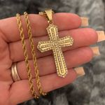 Gold Plated Stainless Steel Cross Pendant 24” Rope Chain – CZ Iced Out Necklace Photo 2